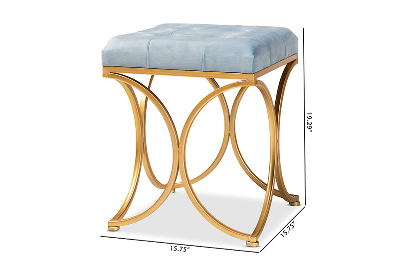 Baxton Studio Margot Art Deco Inspired Light Blue Velvet Fabric Upholstered Gold Finished Metal Ottoman