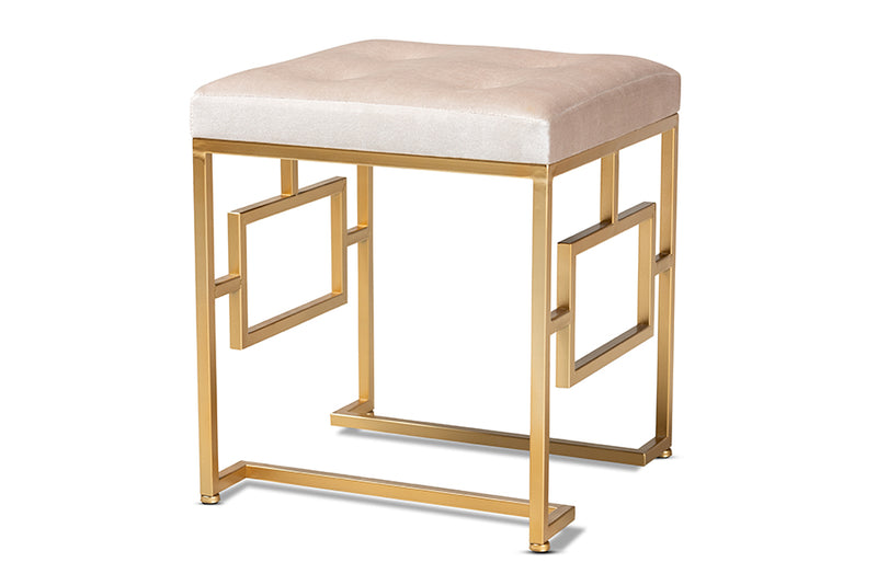 Baxton Studio Cecile Art Deco Inspired Beige Velvet Fabric Upholstered Gold Finished Metal Ottoman