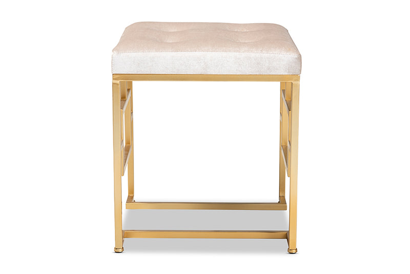 Baxton Studio Cecile Art Deco Inspired Beige Velvet Fabric Upholstered Gold Finished Metal Ottoman