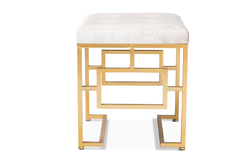 Baxton Studio Cecile Art Deco Inspired Beige Velvet Fabric Upholstered Gold Finished Metal Ottoman
