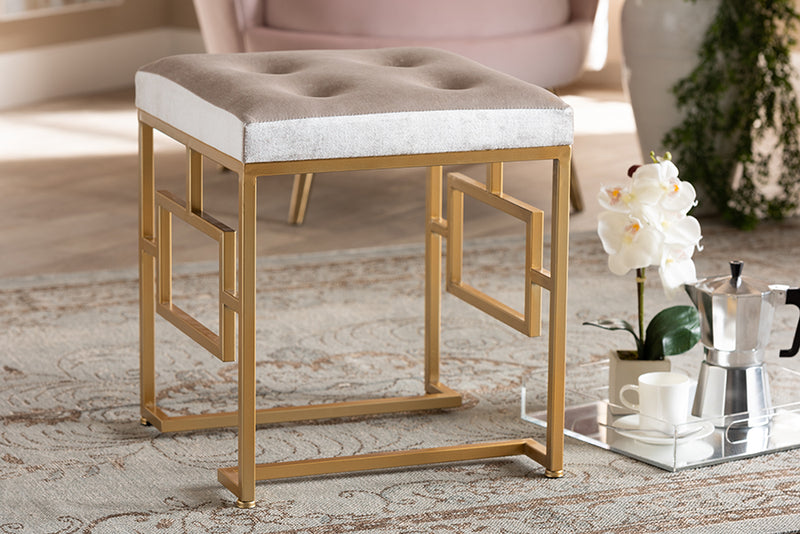 Baxton Studio Cecile Art Deco Inspired Beige Velvet Fabric Upholstered Gold Finished Metal Ottoman