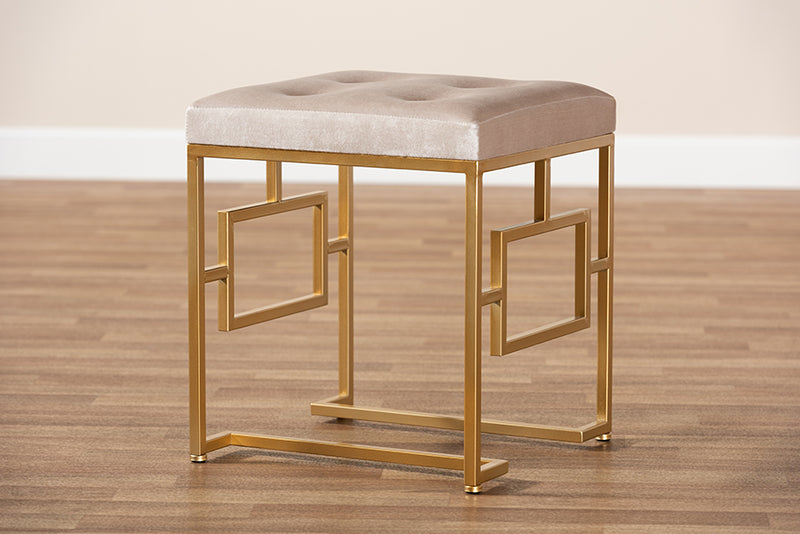 Baxton Studio Cecile Art Deco Inspired Beige Velvet Fabric Upholstered Gold Finished Metal Ottoman