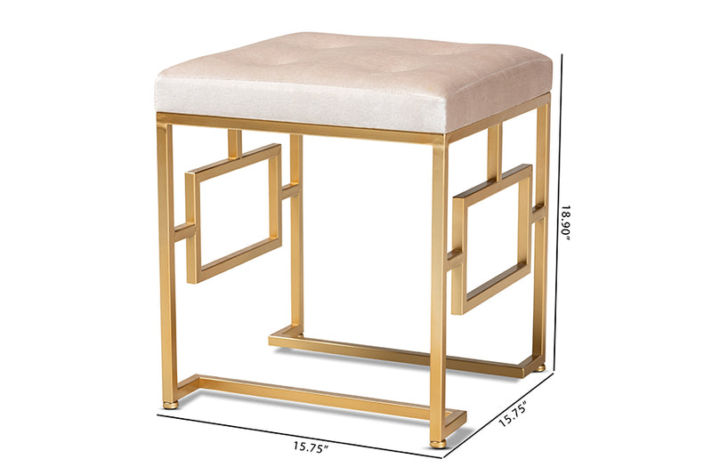 Baxton Studio Cecile Art Deco Inspired Beige Velvet Fabric Upholstered Gold Finished Metal Ottoman
