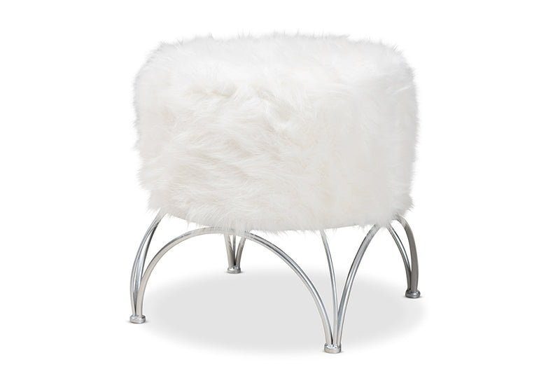 Baxton Studio Celia Modern and Contemporary White Faux Fur Upholstered Silver Metal Ottoman