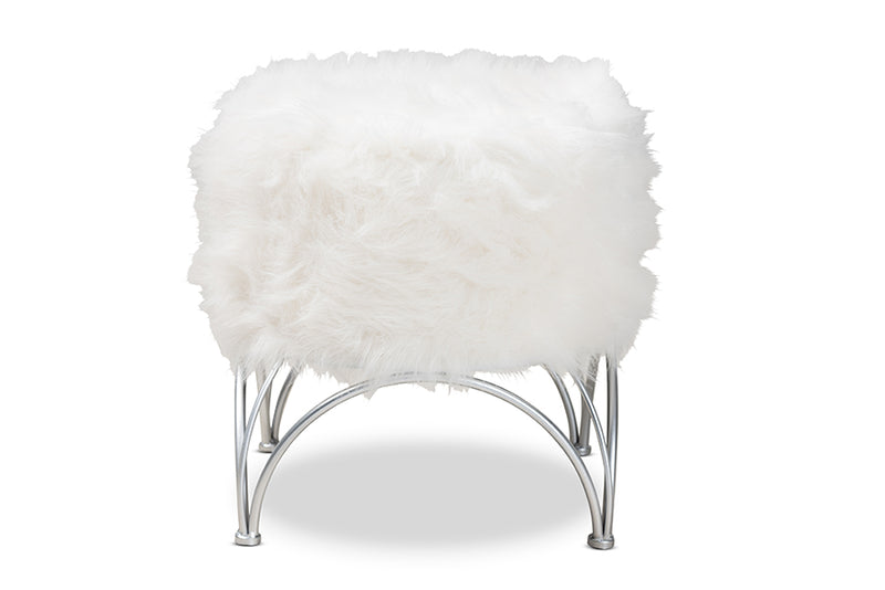 Baxton Studio Celia Modern and Contemporary White Faux Fur Upholstered Silver Metal Ottoman