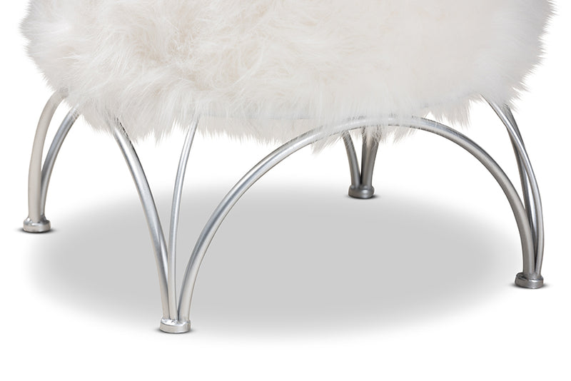 Baxton Studio Celia Modern and Contemporary White Faux Fur Upholstered Silver Metal Ottoman