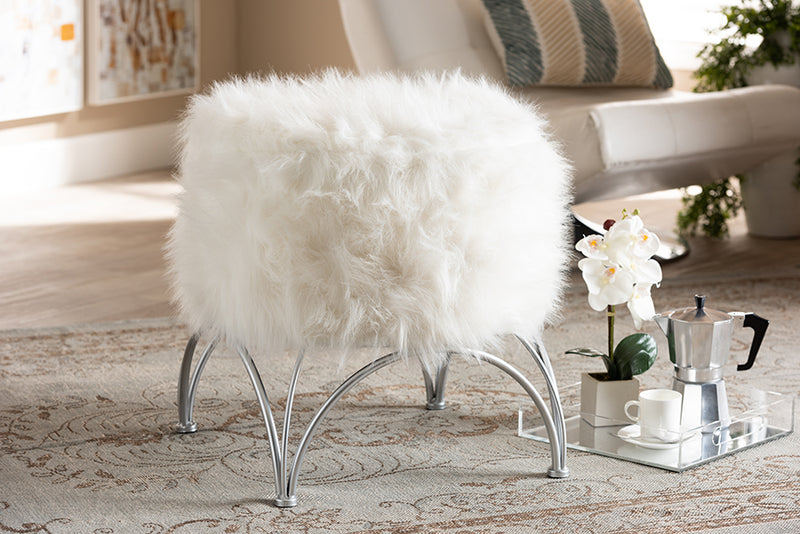 Baxton Studio Celia Modern and Contemporary White Faux Fur Upholstered Silver Metal Ottoman