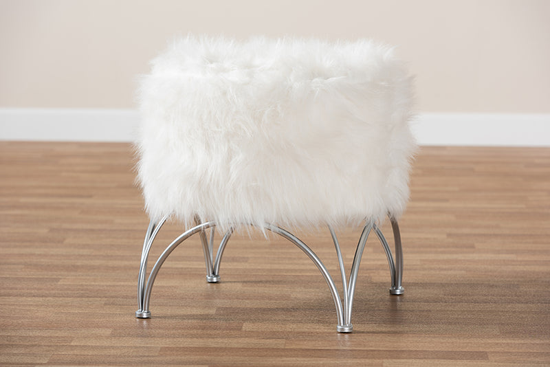 Baxton Studio Celia Modern and Contemporary White Faux Fur Upholstered Silver Metal Ottoman
