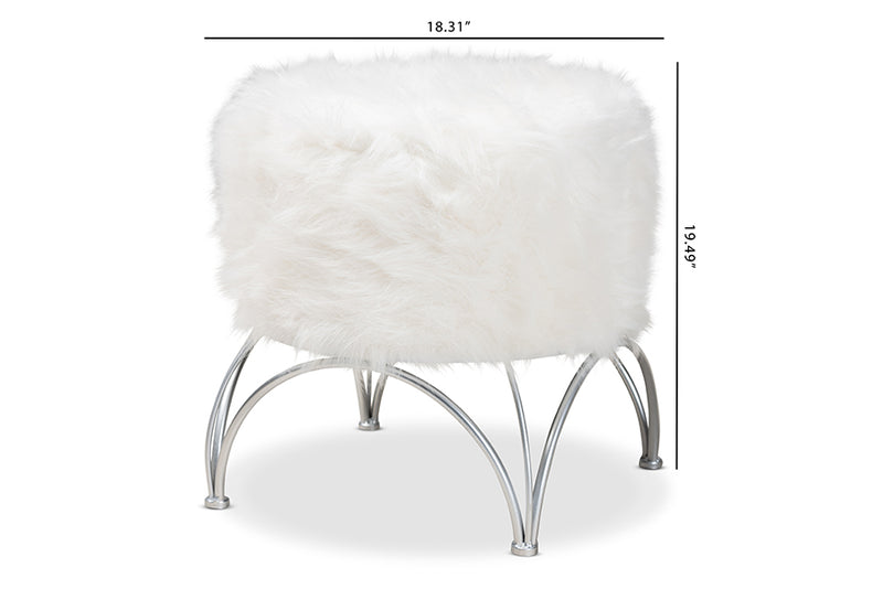 Baxton Studio Celia Modern and Contemporary White Faux Fur Upholstered Silver Metal Ottoman