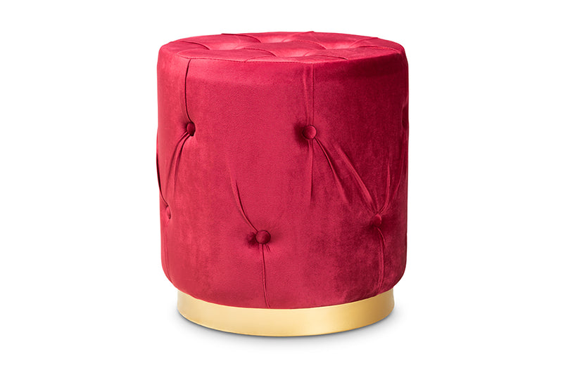 Baxton Studio Gaia Glam and Luxe Red Velvet Fabric Upholstered Gold Finished Button Tufted Ottoman