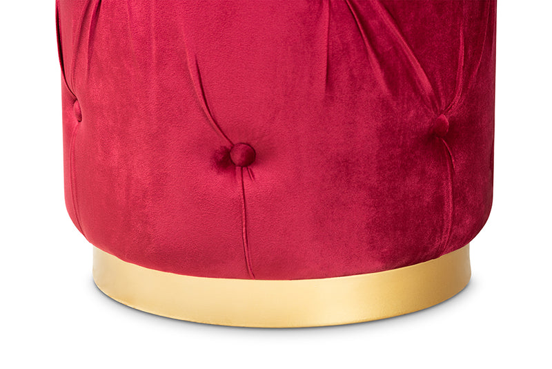 Baxton Studio Gaia Glam and Luxe Red Velvet Fabric Upholstered Gold Finished Button Tufted Ottoman