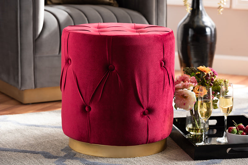 Baxton Studio Gaia Glam and Luxe Red Velvet Fabric Upholstered Gold Finished Button Tufted Ottoman