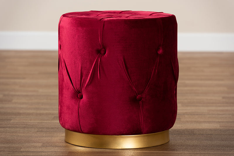 Baxton Studio Gaia Glam and Luxe Red Velvet Fabric Upholstered Gold Finished Button Tufted Ottoman