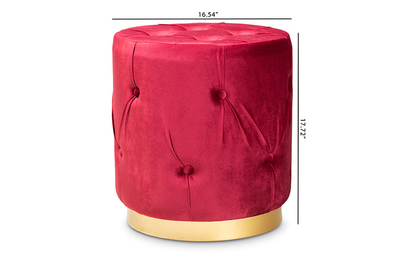 Baxton Studio Gaia Glam and Luxe Red Velvet Fabric Upholstered Gold Finished Button Tufted Ottoman