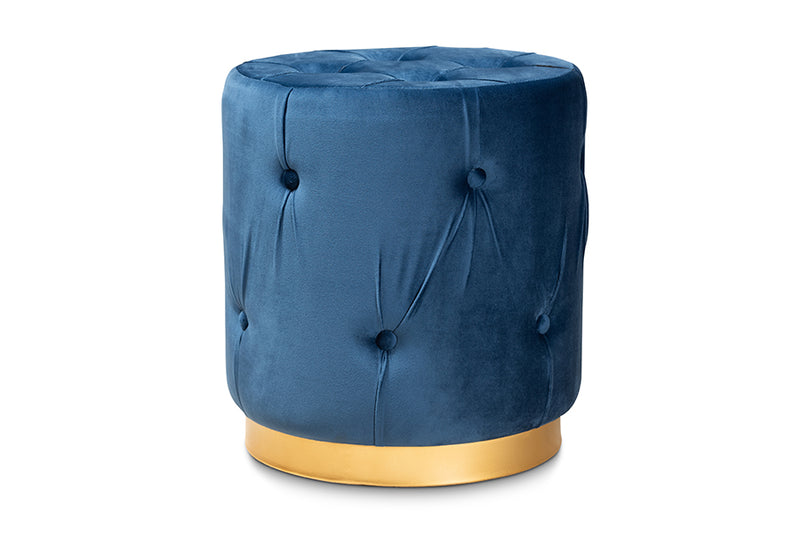 Baxton Studio Gaia Glam and Luxe Navy Blue Velvet Fabric Upholstered Gold Finished Button Tufted Ottoman