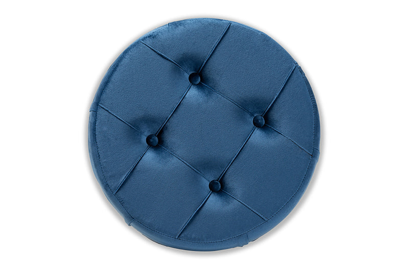 Baxton Studio Gaia Glam and Luxe Navy Blue Velvet Fabric Upholstered Gold Finished Button Tufted Ottoman