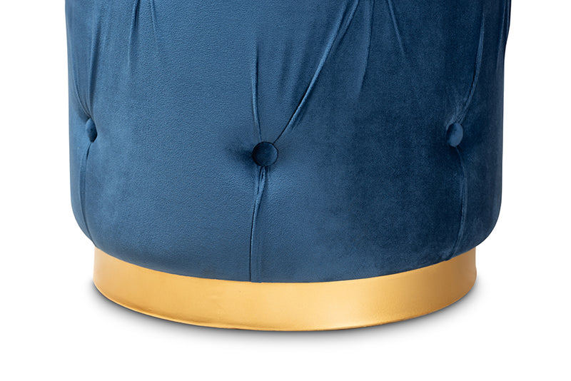 Baxton Studio Gaia Glam and Luxe Navy Blue Velvet Fabric Upholstered Gold Finished Button Tufted Ottoman