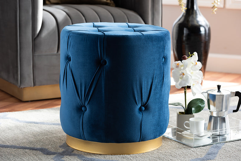 Baxton Studio Gaia Glam and Luxe Navy Blue Velvet Fabric Upholstered Gold Finished Button Tufted Ottoman