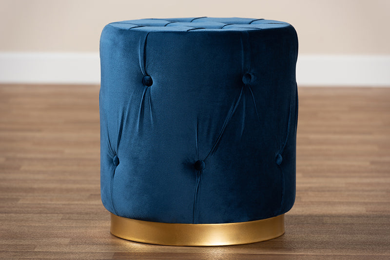Baxton Studio Gaia Glam and Luxe Navy Blue Velvet Fabric Upholstered Gold Finished Button Tufted Ottoman