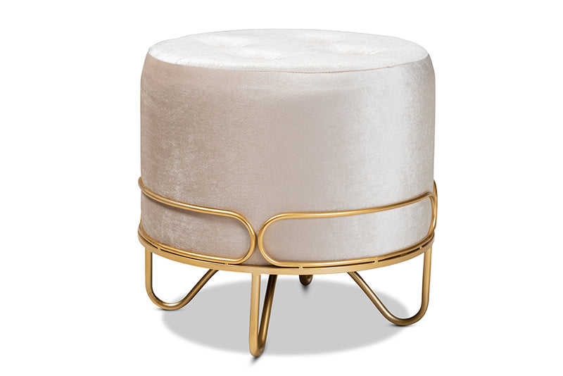 Baxton Studio Lucienne Glam and Luxe Beige Velvet Fabric Upholstered Gold Finished Metal Ottoman