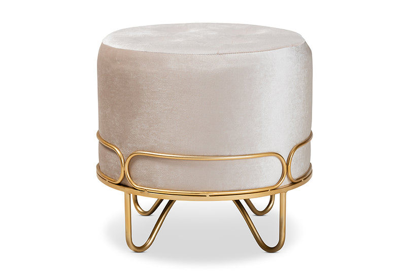 Baxton Studio Lucienne Glam and Luxe Beige Velvet Fabric Upholstered Gold Finished Metal Ottoman