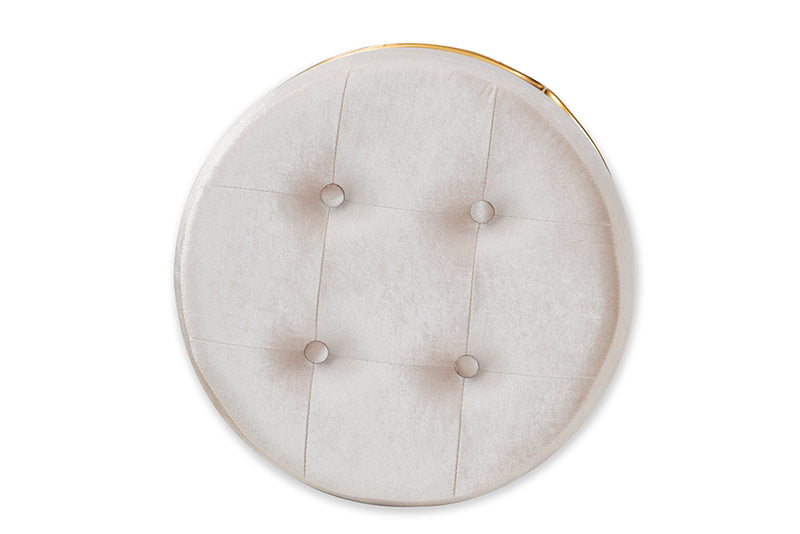 Baxton Studio Lucienne Glam and Luxe Beige Velvet Fabric Upholstered Gold Finished Metal Ottoman