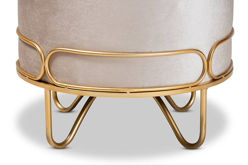 Baxton Studio Lucienne Glam and Luxe Beige Velvet Fabric Upholstered Gold Finished Metal Ottoman