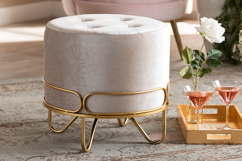 Baxton Studio Lucienne Glam and Luxe Beige Velvet Fabric Upholstered Gold Finished Metal Ottoman