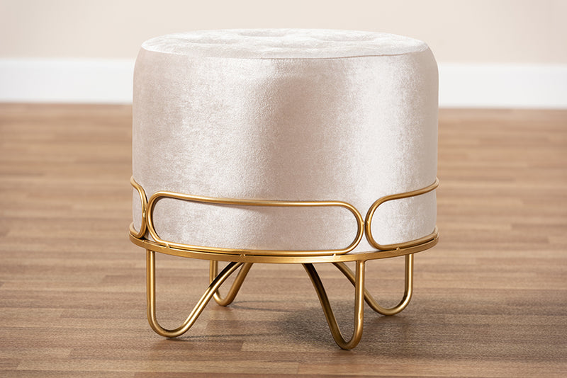 Baxton Studio Lucienne Glam and Luxe Beige Velvet Fabric Upholstered Gold Finished Metal Ottoman