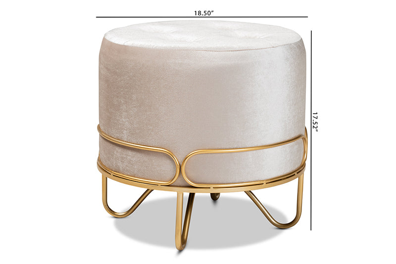 Baxton Studio Lucienne Glam and Luxe Beige Velvet Fabric Upholstered Gold Finished Metal Ottoman
