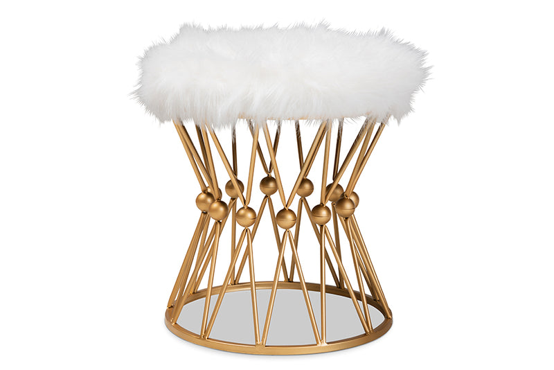 Baxton Studio Leonie Glam and Luxe White Faux Fur Upholstered Gold Finished Metal Ottoman