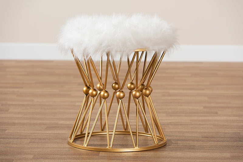 Baxton Studio Leonie Glam and Luxe White Faux Fur Upholstered Gold Finished Metal Ottoman