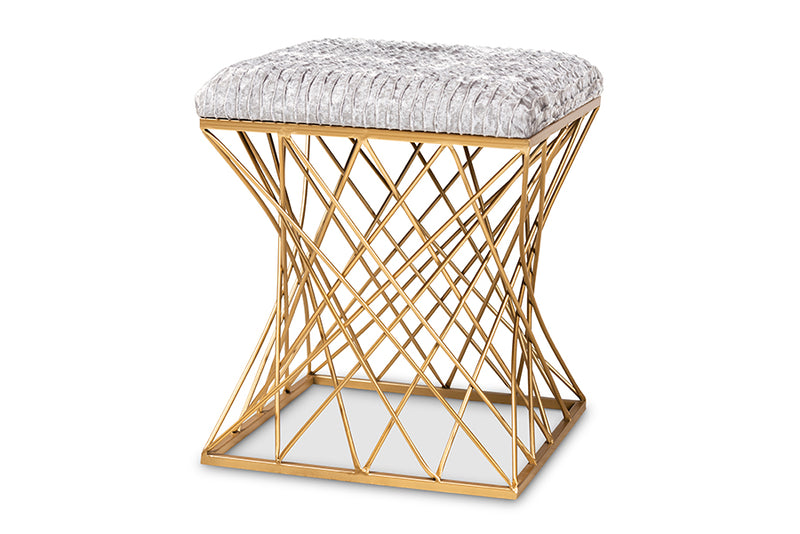 Baxton Studio Fiore Glam and Luxe Grey Crushed Velvet Fabric Upholstered Gold Finished Ottoman