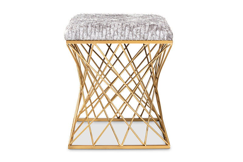 Baxton Studio Fiore Glam and Luxe Grey Crushed Velvet Fabric Upholstered Gold Finished Ottoman