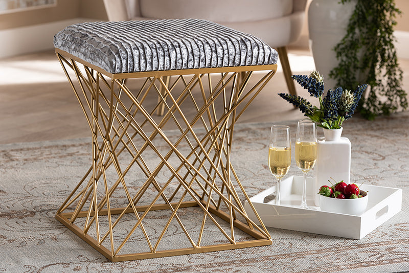 Baxton Studio Fiore Glam and Luxe Grey Crushed Velvet Fabric Upholstered Gold Finished Ottoman