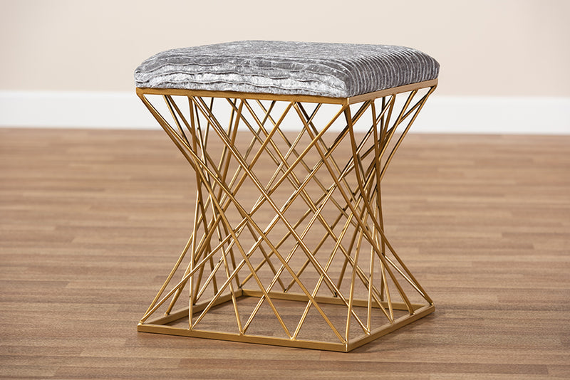Baxton Studio Fiore Glam and Luxe Grey Crushed Velvet Fabric Upholstered Gold Finished Ottoman