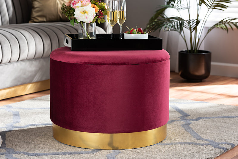 Baxton Studio Marisa Glam and Luxe Red Velvet Fabric Upholstered Gold Finished Storage Ottoman