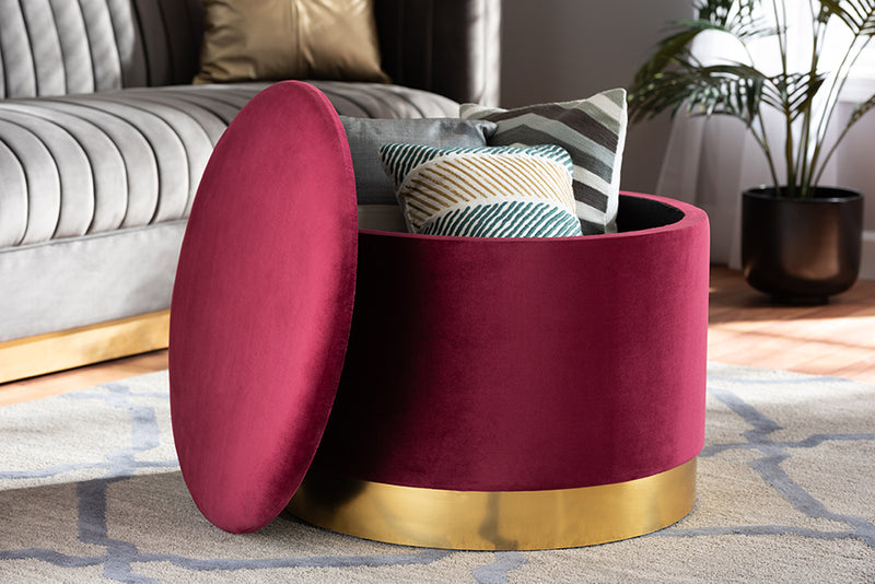 Baxton Studio Marisa Glam and Luxe Red Velvet Fabric Upholstered Gold Finished Storage Ottoman