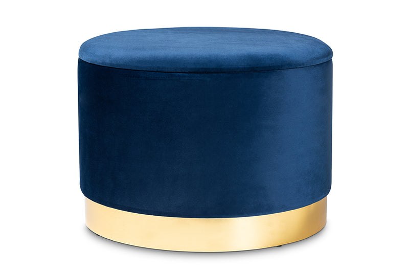 Baxton Studio Marisa Glam and Luxe Navy Blue Velvet Fabric Upholstered Gold Finished Storage Ottoman