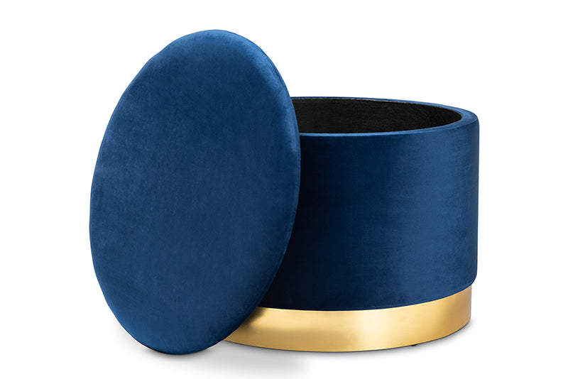 Baxton Studio Marisa Glam and Luxe Navy Blue Velvet Fabric Upholstered Gold Finished Storage Ottoman