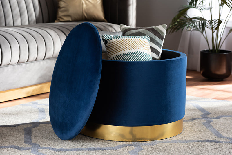 Baxton Studio Marisa Glam and Luxe Navy Blue Velvet Fabric Upholstered Gold Finished Storage Ottoman