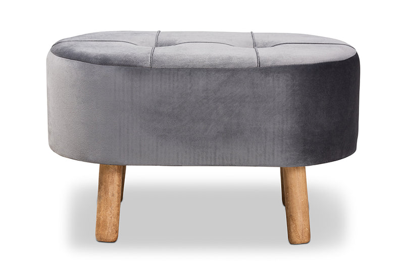 Baxton Studio Simone Mid-Century Modern Grey Velvet Fabric Upholstered Wood Ottoman