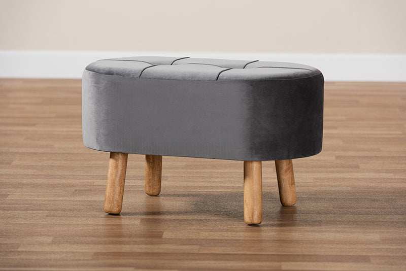 Baxton Studio Simone Mid-Century Modern Grey Velvet Fabric Upholstered Wood Ottoman