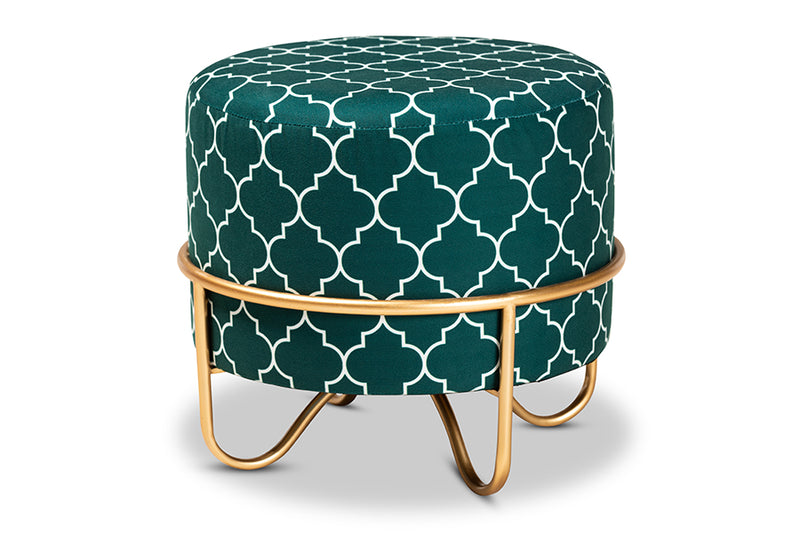 Baxton Studio Candice Glam and Luxe Teal Green Quatrefoil Velvet Fabric Upholstered Gold Finished Metal Ottoman