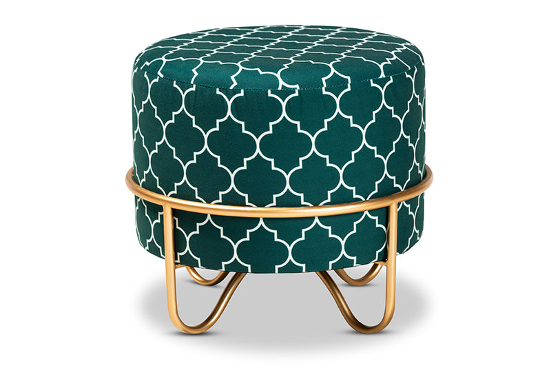 Baxton Studio Candice Glam and Luxe Teal Green Quatrefoil Velvet Fabric Upholstered Gold Finished Metal Ottoman