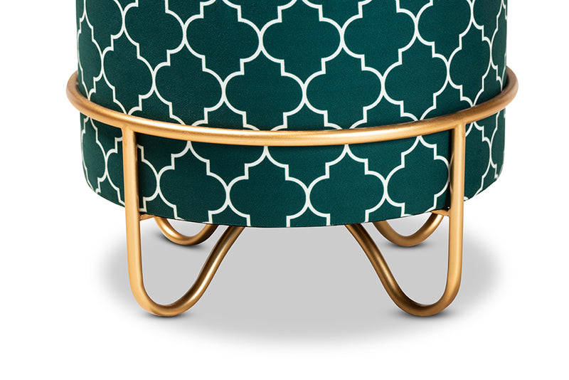 Baxton Studio Candice Glam and Luxe Teal Green Quatrefoil Velvet Fabric Upholstered Gold Finished Metal Ottoman
