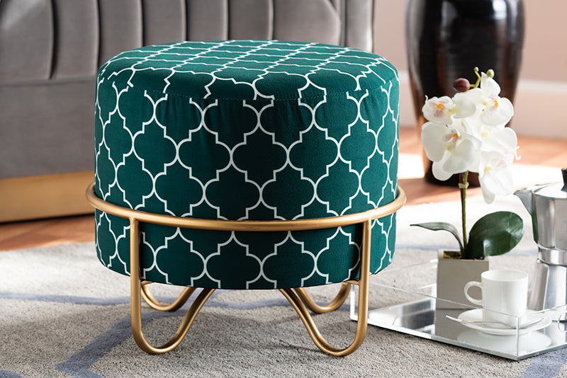 Baxton Studio Candice Glam and Luxe Teal Green Quatrefoil Velvet Fabric Upholstered Gold Finished Metal Ottoman