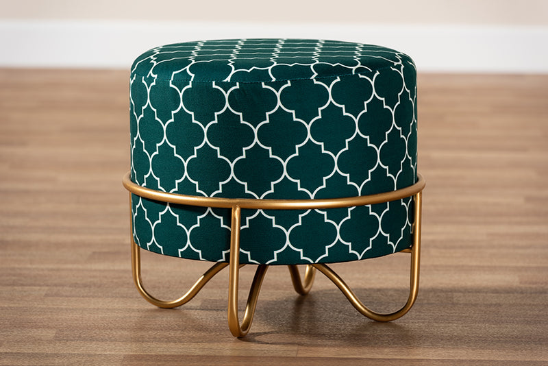Baxton Studio Candice Glam and Luxe Teal Green Quatrefoil Velvet Fabric Upholstered Gold Finished Metal Ottoman