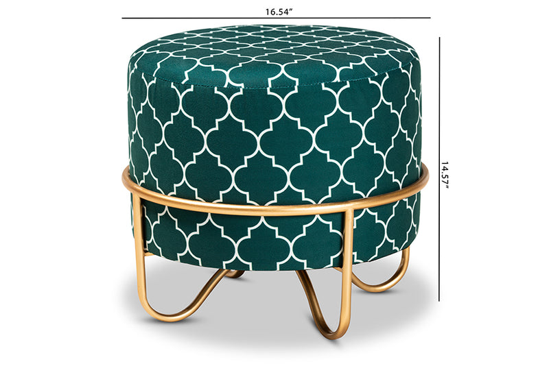 Baxton Studio Candice Glam and Luxe Teal Green Quatrefoil Velvet Fabric Upholstered Gold Finished Metal Ottoman