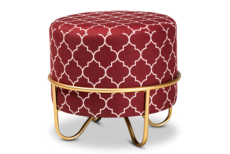 Baxton Studio Candice Glam and Luxe Red Quatrefoil Velvet Fabric Upholstered Gold Finished Metal Ottoman
